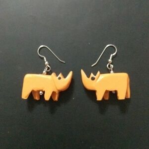 Silver Tone Orange Wooden Rhino Rhinoceros Statement Earrings